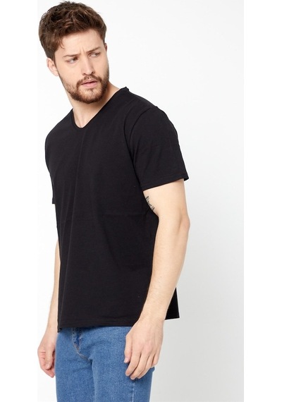 Comeor Erkek Siyah Slim Fit Pamuklu Kısa Kollu V Yaka T-Shirt Siyah