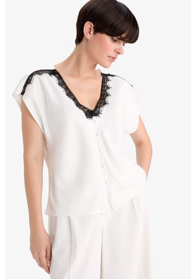 Defacto Regular Fit V Yaka Saten Kısa Kollu Gömlek G4407ax25auer105 Ekru