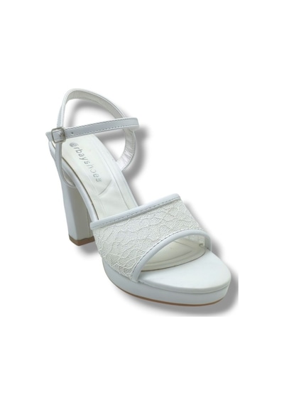 Erbay 320-26 Simli Dantelli Cilt Tek Bant Kalın Topuk Kadın Sandalet 11cm Beyaz