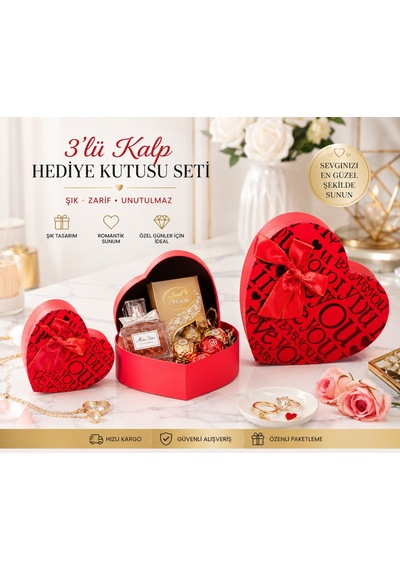 3'lü Kalp Hediye Kutu Seti Sevdiklerinizi Mutlu Etmenin En Şık Yolu 3'lü Set I Love You Kırmızı