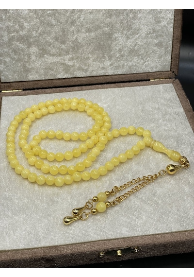 Gold Renkli Alpaka Püsküllü 99'luk Küre Kesim Sarı Damla Kehribar Benzetmesi Beyrut Tesbih