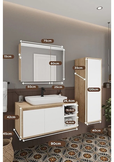 Lale Beyaz 90 Cm %100 Mdf Lavabolu Banyo Dolabı + Boy Dolabı Beyaz Meşe