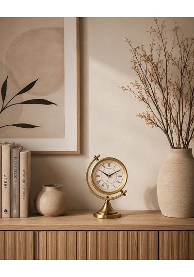 Gold Metal Masa Saati Sessiz Mekanizma Roma Rakamlı Vintage Dekoratif Masaüstü Saat 30x25 Cm Gold