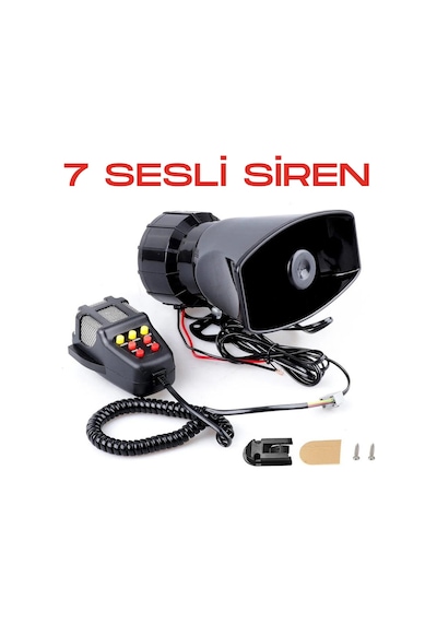 Her Araca Uyumlu  7 Sesli Güçlü Siren Korna Mikrofonlu Megafonlu 12v Polis Sireni 100w