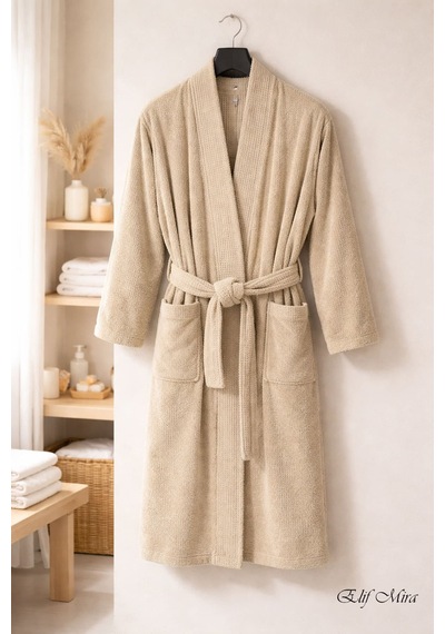 Kimono Yaka Unisex Tek Kişilik Pamuklu Banyo Bornozu Comfort Bej