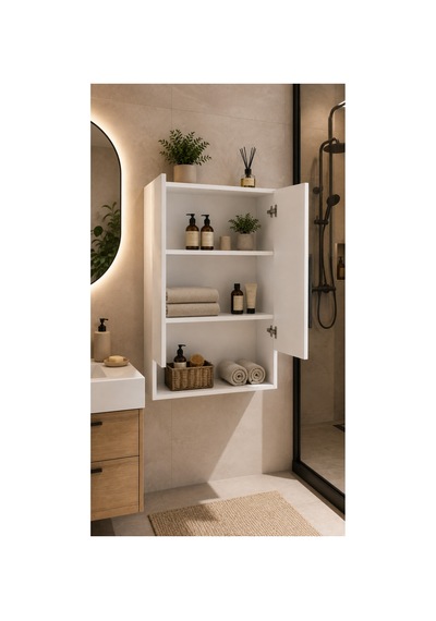 Line Banyo Dolabı 60 Cm Çift Kapaklı 3 Raflı Duvar Tipi Banyo Dolabı Beyaz Beyaz