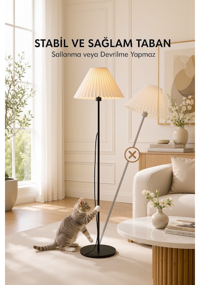 Umbrella Lambader Siyah Metal Tek Ayaklı Lamba Krem Modern Kırma Kumaş Başlık Lam07