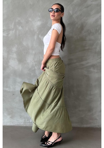 Seeh Yeşil Basic Uzun Pileli Etek Sh159