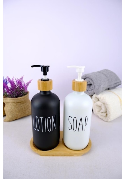 Digithome 2 Li Ahşap Standlı Cam Sıvı Sabun Ve Losyon Şişesi Sabunluk 500 Ml - E/6 C1-1-289