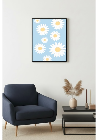 Doğal Ahşap Çerçeveli Retro Tablo - Sarı Daisy Çiçekli Duvar Dekoru Huhu2620