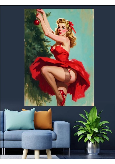 Ahşap Tablo Kırmızı Elbiseli Pin-up Kız