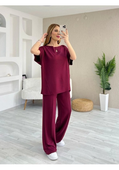 Modi Kadın Kısa Kollu Kayık Yakalı Dikiş Izi Detaylı Viskon Iki Iplik Bluz Ve Pantolon Ikili Takım bordo