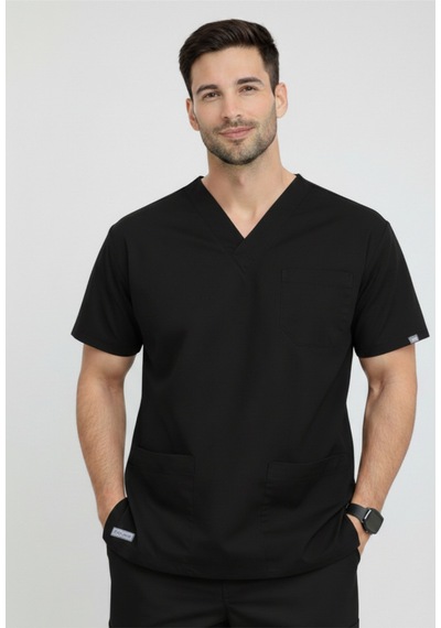 Tek Üst Siyah Unisex Doktor Ve Hemşire Forması Scrubs Likralı Yarasa Kol