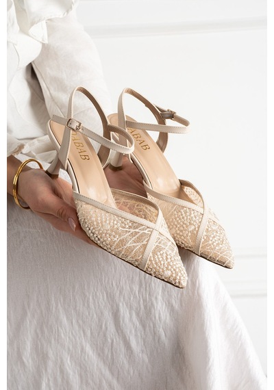 Dabab Shoes Laceva Kadın Bej Dantel Detaylı Sivri Burun 6 Cm Topuklu Slingback Ayakkabı