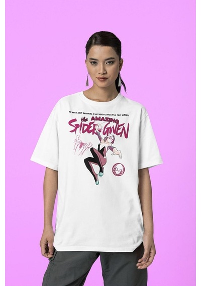 Sevbano The Amazing Spider Gwen Baskılı Unisex Tişört, Oversize Marvel Ti Beyaz