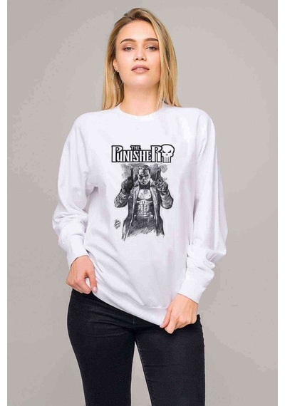 The Punisher Frank Castle Baskılı Beyaz Kadın Sweatshirt