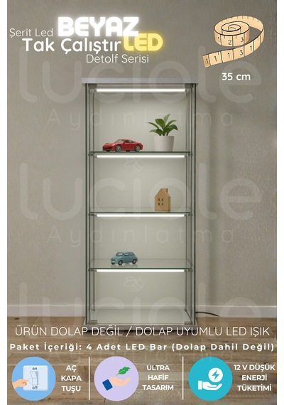 Led Bar Aydınlatma Seti 4 Lü 35cm Beyaz Işık Şeffaf Kablo Tak Çalıştır Anahtarlı