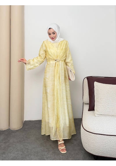 Mihran Butik Silk Model Kemerli Bilek Büzgü Desen Detaylı Kadın Elbise Sarı