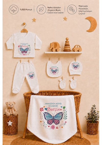 Pia Baby Kız Bebek Hastane Çıkışı 10 Parça %100 Pamuk İsimli Kişiye Özel Organik Baskılı Set 2041103x Ekru