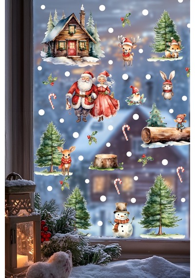 Santa & Kış Masalı Çift Taraflı Cam Sticker Seti Büyük Boy Figürlü Yılbaşı Dekoru Dijital Baskı