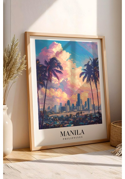 Manila Philippines Vintage Seyahat Posteri Çerçeveli Tablo - Premium Egzotik Şehir Duvar Dekoru Kayın