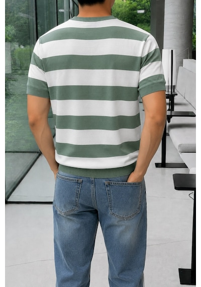 Tarz Cool Erkek Çizgili Triko Tişört Bisiklet Yaka Slim Fit Yazlık İnce Dokulu Yeşil