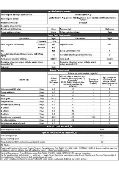 Vestel SC30001 Statik Tipi Buzdolabı