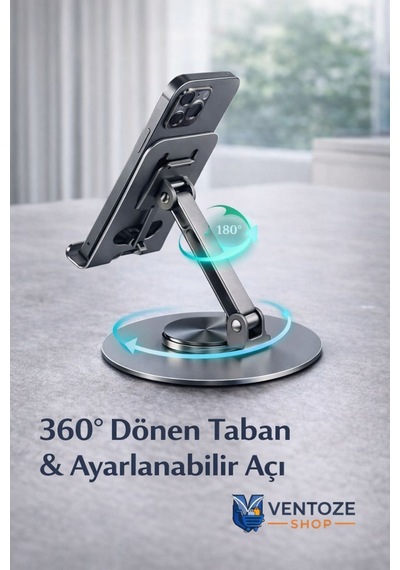 360 Dönebilir Alüminyum Masaüstü Telefon Tablet Standı Full Metal Katlanabilir Ergonomik Tutucu Koyu Metal