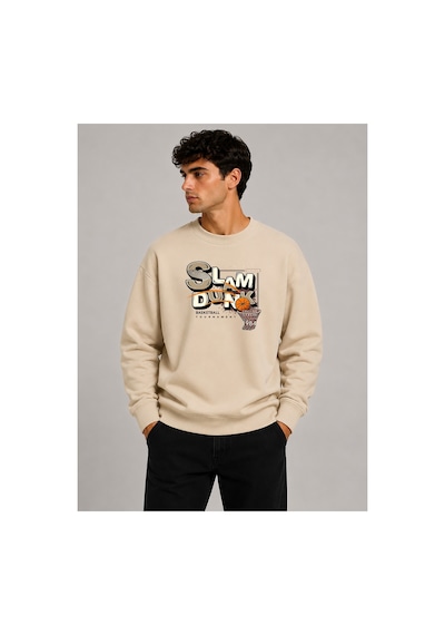Herkesemoda Slam Dunk Baskı Detaylı Bisiklet Yaka Şardonlu 2 İplik Sweatshirt Bej