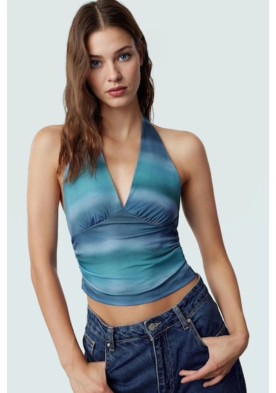 Ersefa Vücuda Oturan Boyundan Bağlamalı Crop Bluz Polyester Elastan Sand Indigo