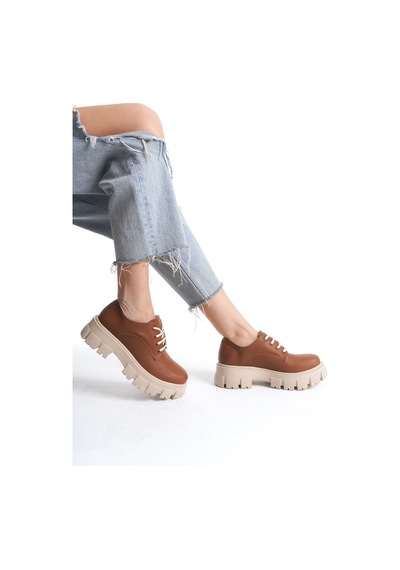 Akınabella Kalın Tabanlı Bağcıklı Loafer Ayakkabı Taba Taba