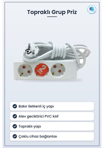 Toprağlı Grup Priz Uzatma Kablosu Bakır İletkenli Alev Geciktiric 5 M