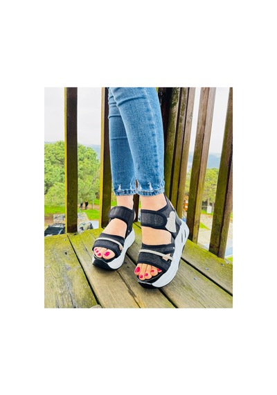 Lady Kadın Siyah Beyaz Dolgu Topuklu Spor Sandalet Taşlı siyah