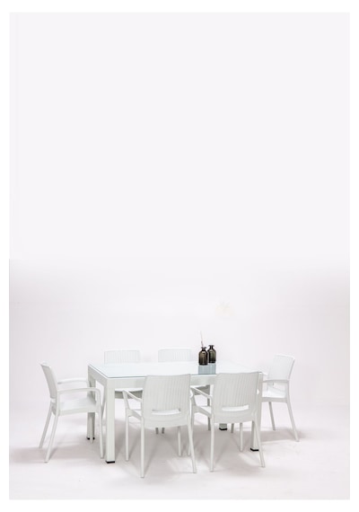 Rattan Camlı Kollu 6 Kişilik Bahçe Masa Takımı-Beyaz