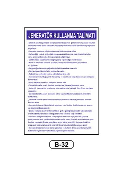 Jeneratör Kullanma Talimatı Uyarı Ikaz Levhası