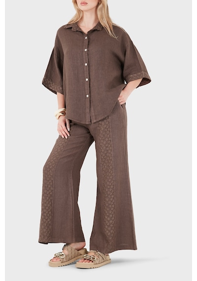 Via Dante % 100 Keten Relaxed Fit Brode İşlemeli Pantolon Bayan Pantolon 69912211 Kahve