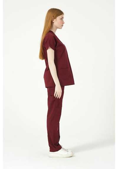 Bordo Likralı Scrubs Kargo Cep Doktor Hemşire Forması Yarasa Kol Takım Unisex