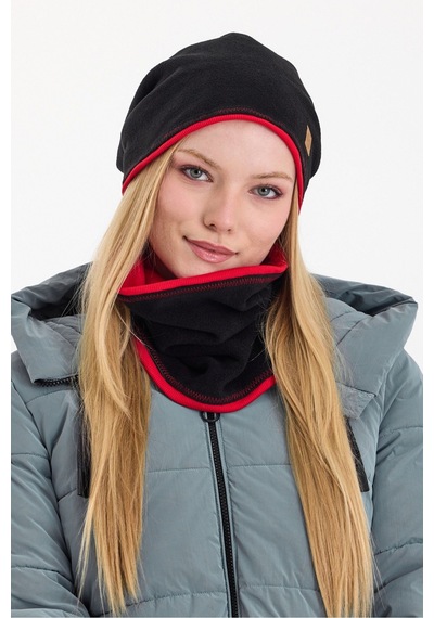 Butikgiz Kadın Dış Kısım Polar, İç Kısım Kaşkorse Pamuklu, Çift Renk, Çift Kat, Katlanabilir Bere Boyunluk Set Siyah-kırmızı