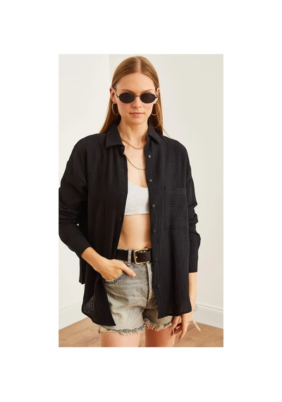Thiff Gymwear Kadın Oversize Basic Cepli Müslin Gömlek Siyah