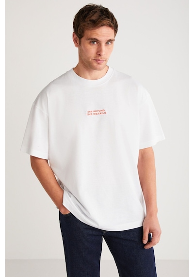 Grımelange Vıto Erkek %100 Organik Pamuklu Nakış Yazı Detaylı Oversize Bol Kesim Kısa Kollu Beyaz T-shirt