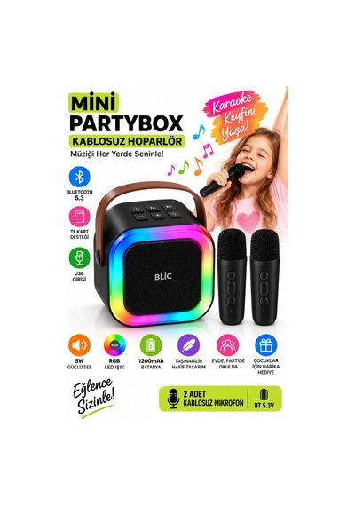 Blic Bls-97 Siyah Partybox Çift Kablosuz Mikrofonlu Rgb Led Işıklı Taşınabilir Bluetooth Hoparlör