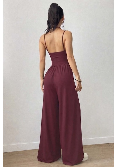 Meleners Kadın Askılı Yuvarlak Yaka Uzun Viskon Tulum Bordo