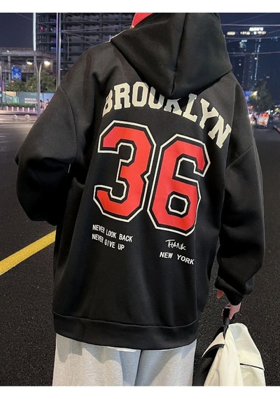 Unisex Oversize Brooklyn 36 Baskılı Kapüşonlu Sweatshirt Siyah
