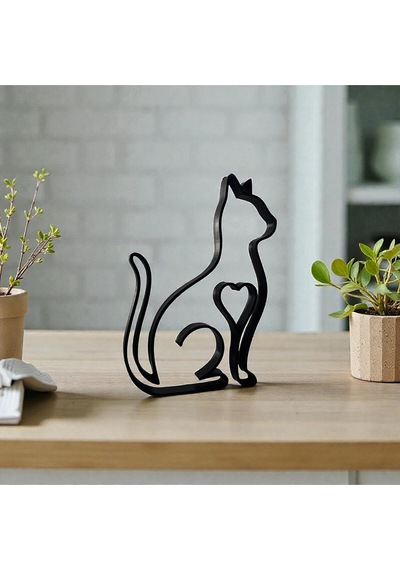Kalpli Minimalist Kedi Silüeti Biblo Modern Çizgi Sanatı Dekoratif Obje Ve Duvar Tablosu 22 18 Cm