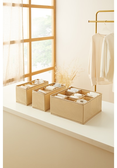 Ocean Home Textile 3'lü Bölmeli Bej Balıksırtı Çekmece İçi Düzenleyici Kutu Set
