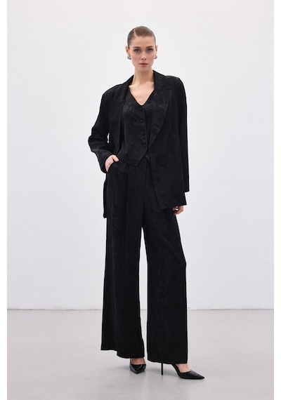 Sateen Jakarlı Bol Pantolon - Siyah-136818 siyah