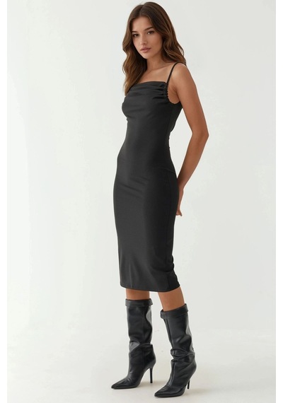 Hiccup Degaje Yaka Bodycon Midi Elbise Siyah