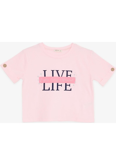 Breeze Kız Çocuk Crop Tişört Kolları Düğme Aksesuarlı Simli Yazı Baskılı 9-16 Yaş, Pembe-pembe Pembe