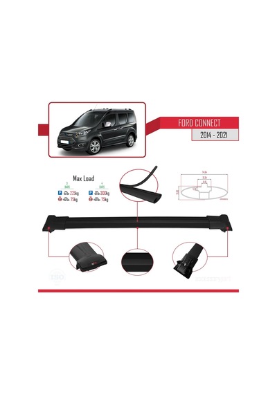 Ford Connect 2014-2021 Arası İle Uyumlu Fly Model Ara Atkı Tavan Barı Siyah 4 Adet Bar