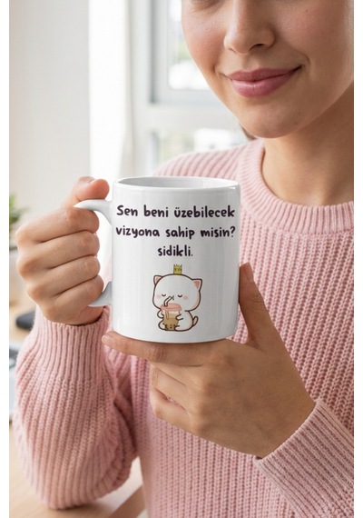 Komik Tasarım Kupa Bardak ''sen Beni Üzebilecek Vizyona Sahip Misin '' Yazılı Seramik Kahve Kupası Beyaz